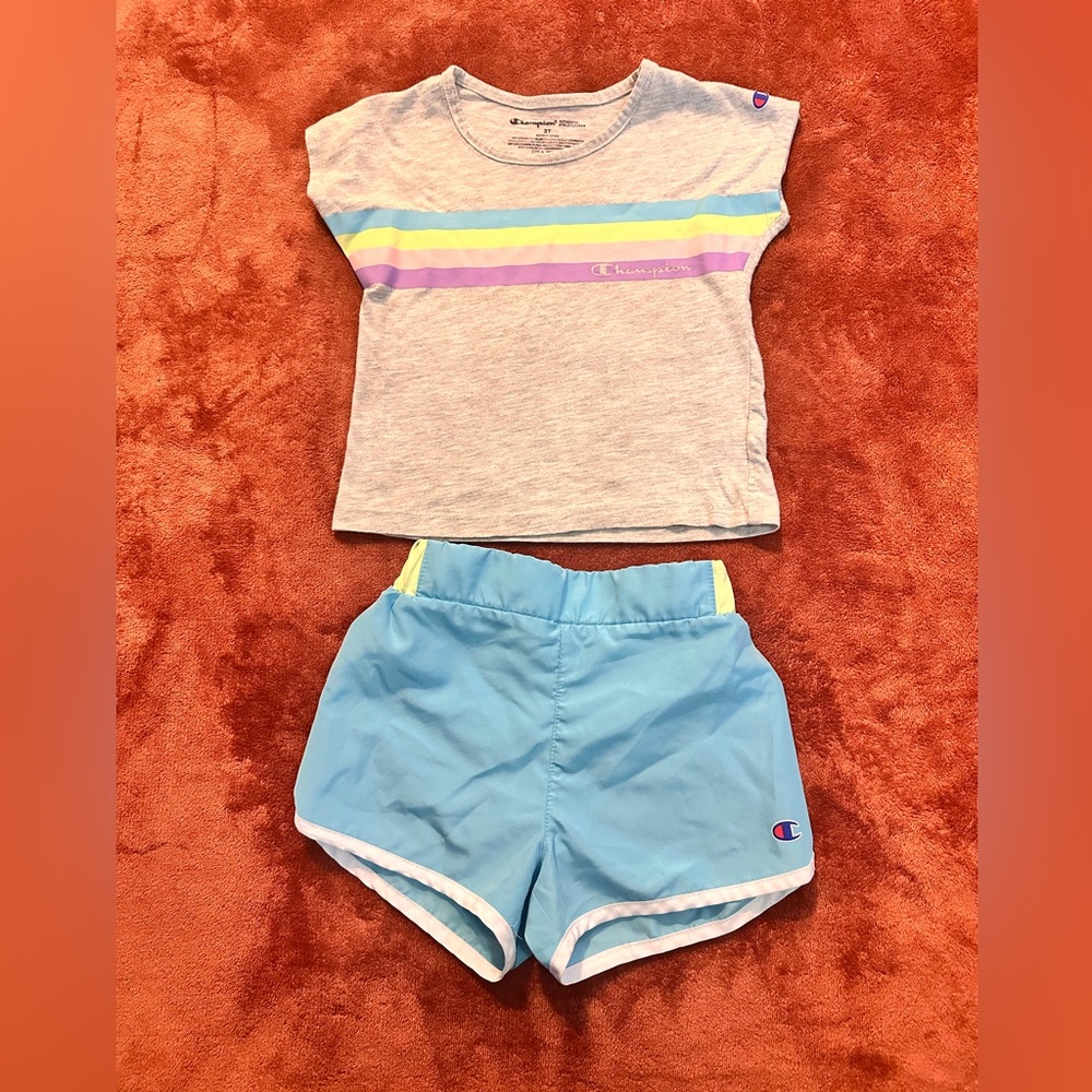 Champion Kids' Gray Tee with Pastel Stripes and Blue Shorts